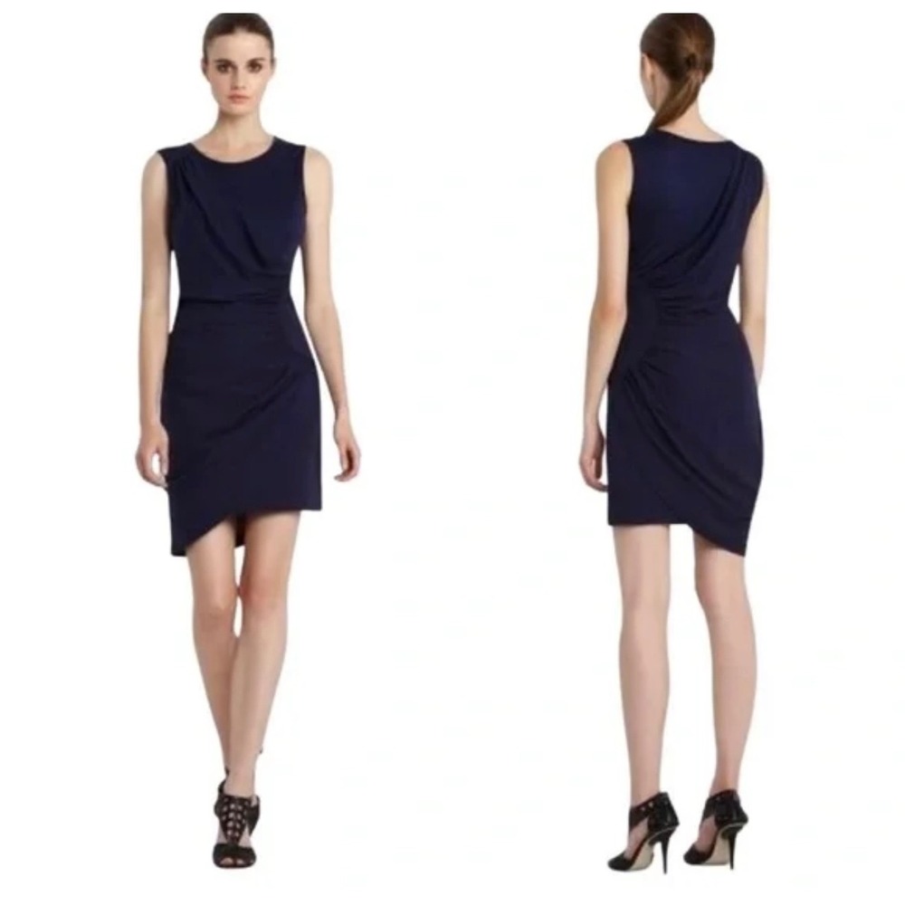 BCBGMAXAZRIA Dress Size 02‎ Navy Blue Sleeveless asymmetrical Ruched Cocktail